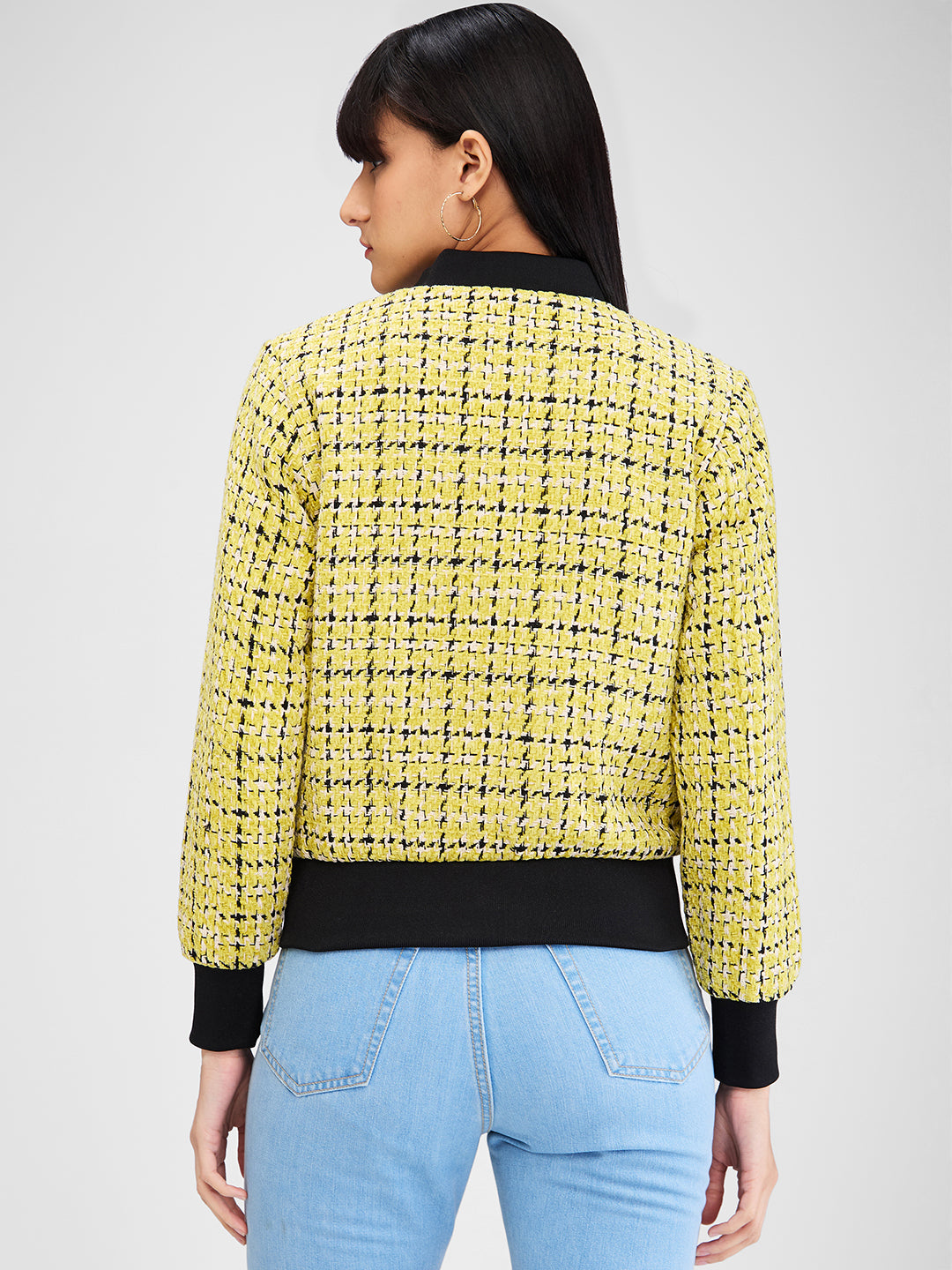 Spykar Yellow Full Sleeves Checks Jacket For Women