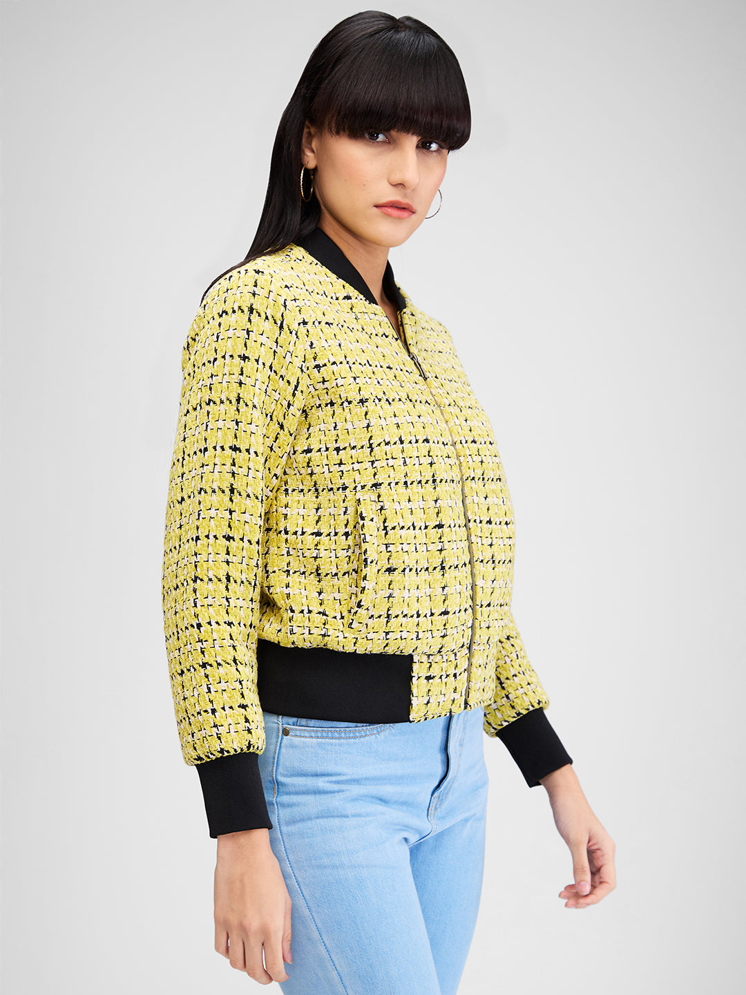 Spykar Yellow Full Sleeves Checks Jacket For Women