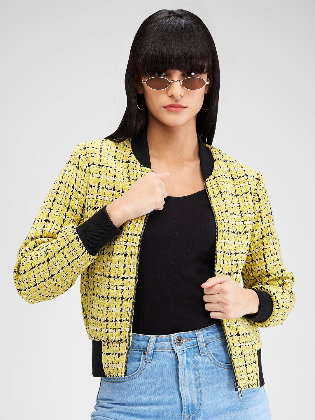 Spykar Yellow Full Sleeves Checks Jacket For Women