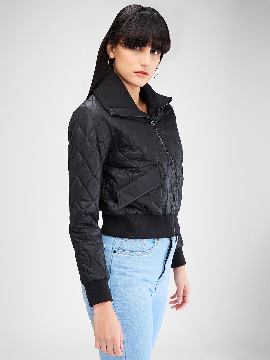 Spykar Black Full Sleeves Solid Jacket For Women