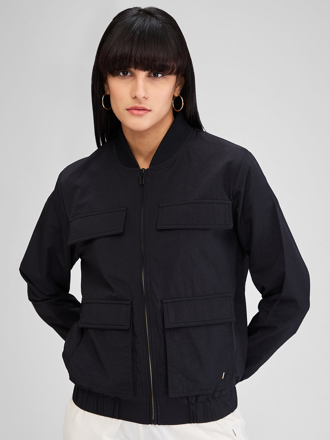 Spykar Black Full Sleeves Solid Jacket For Women