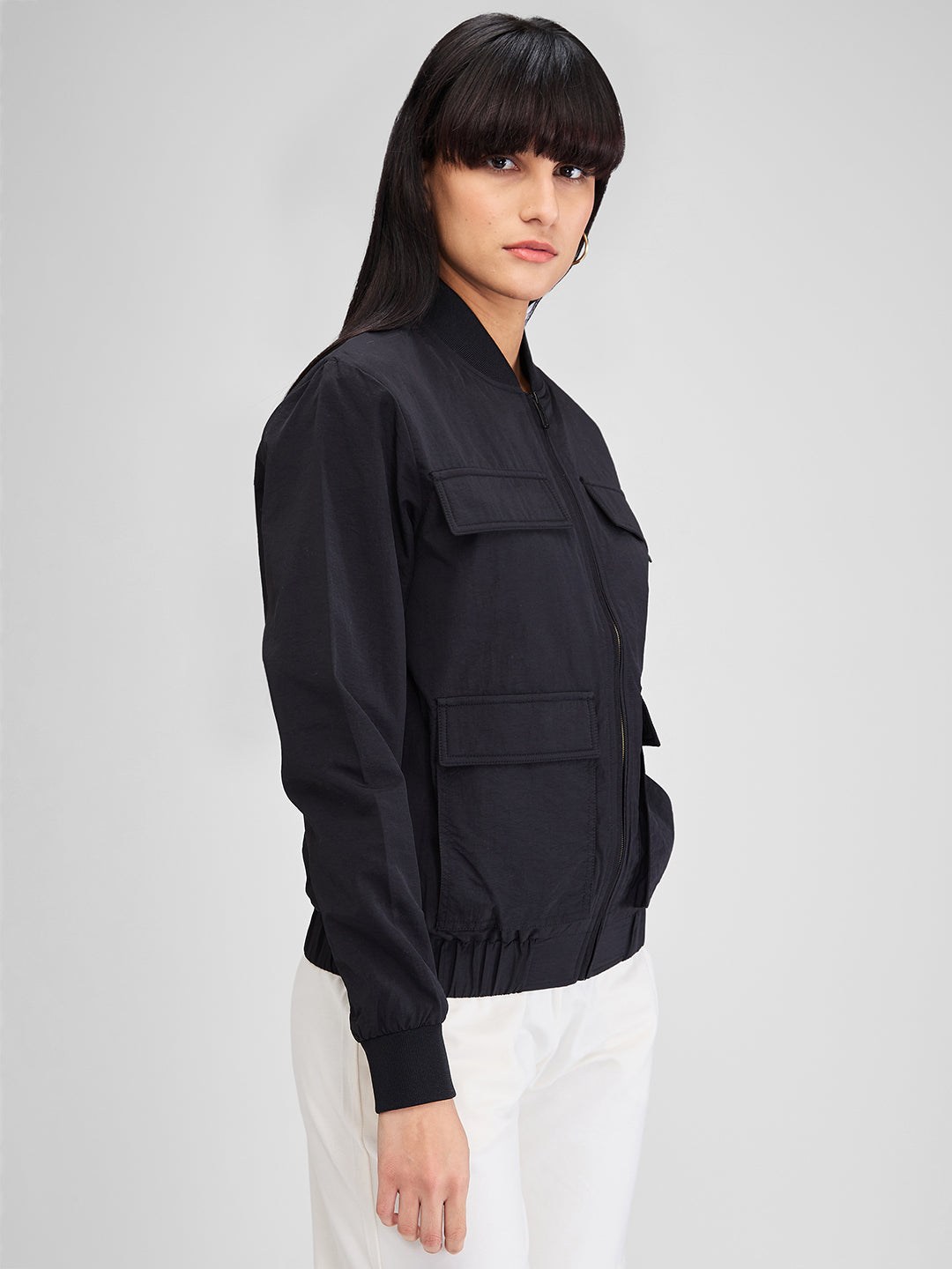 Spykar Black Full Sleeves Solid Jacket For Women