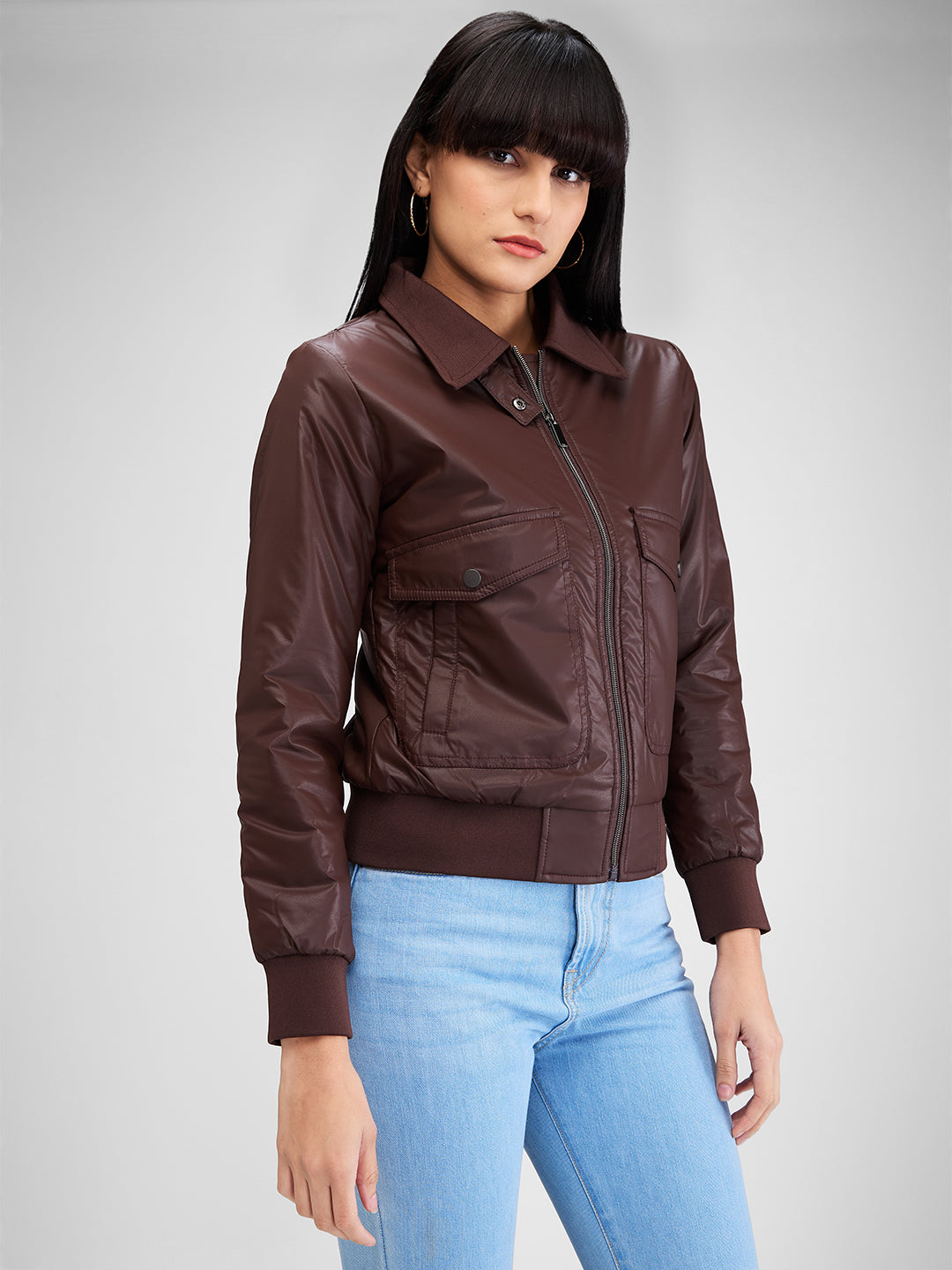 Spykar Brown Full Sleeves Solid Jacket For Women