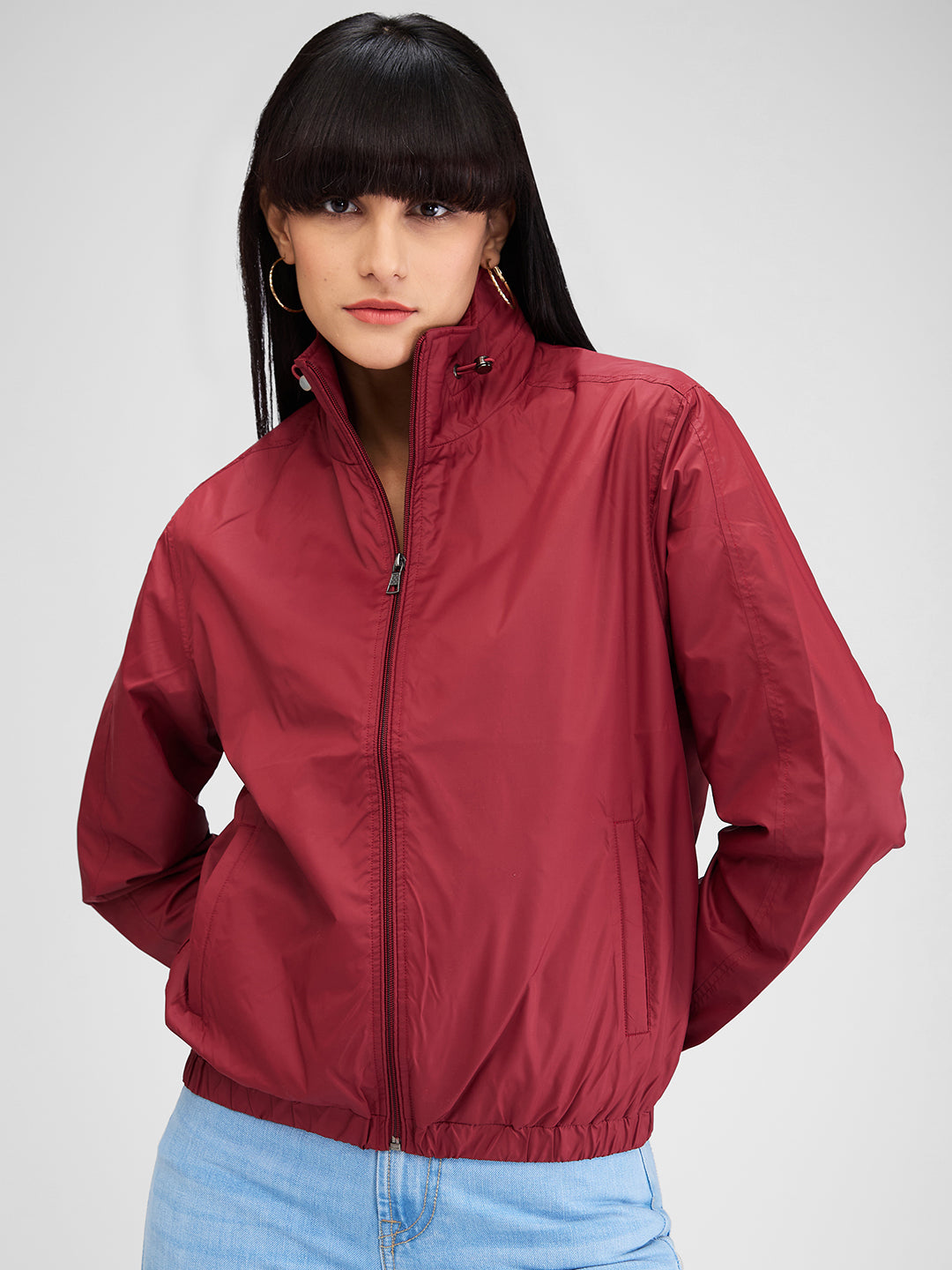 Spykar Red Full Sleeves Solid Jacket For Women