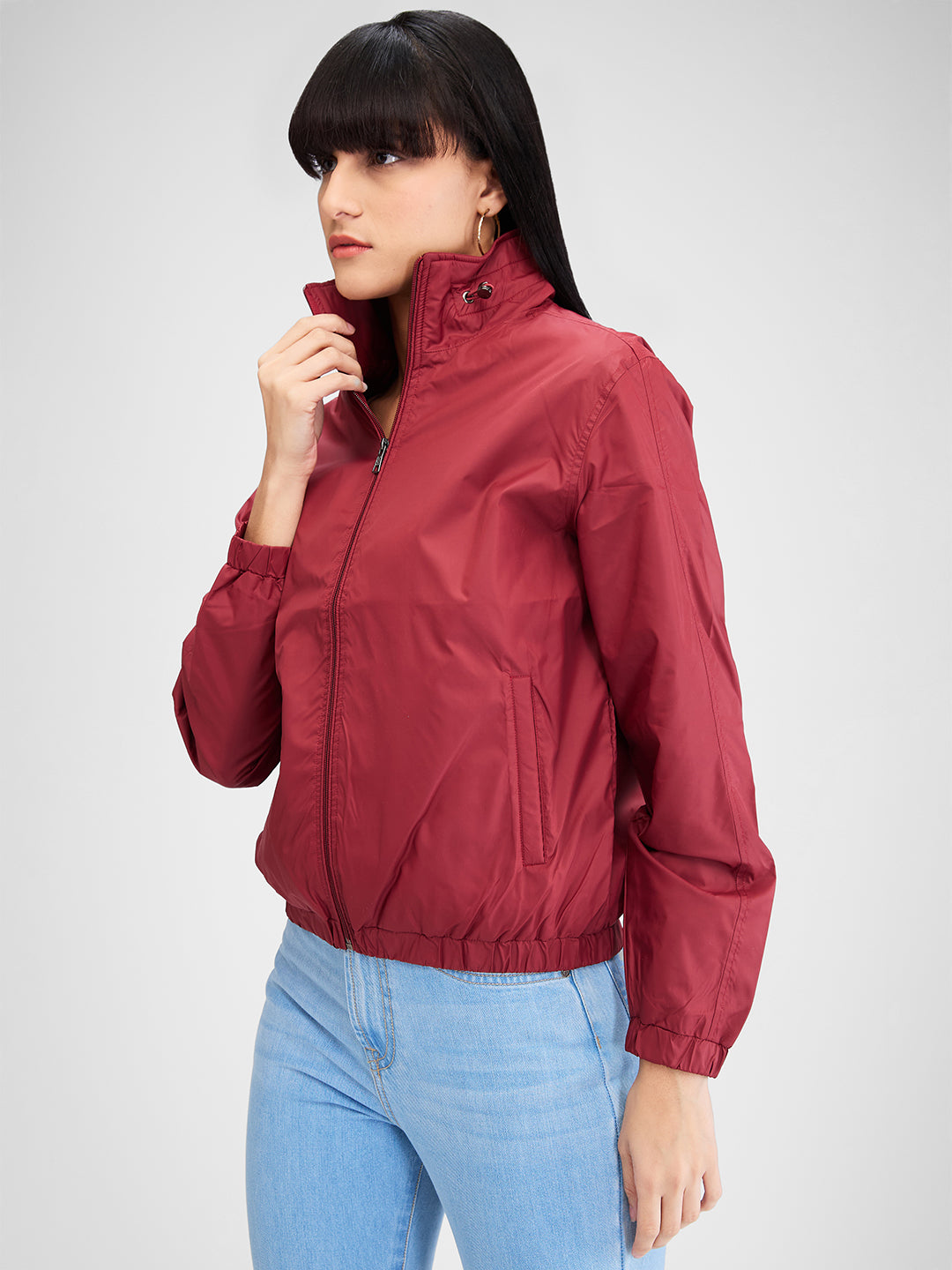 Spykar Red Full Sleeves Solid Jacket For Women