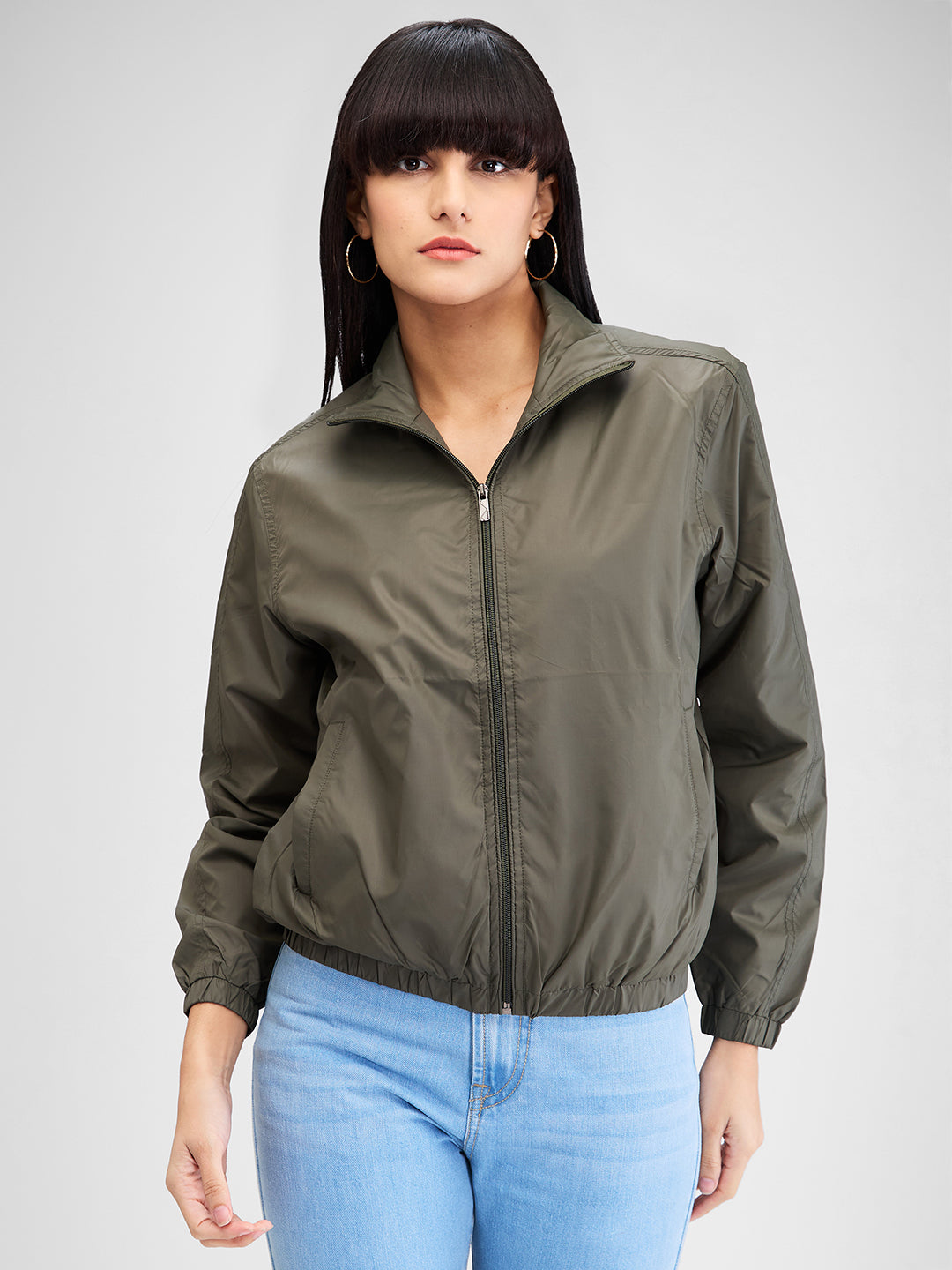 Spykar Green Full Sleeves Solid Jacket For Women