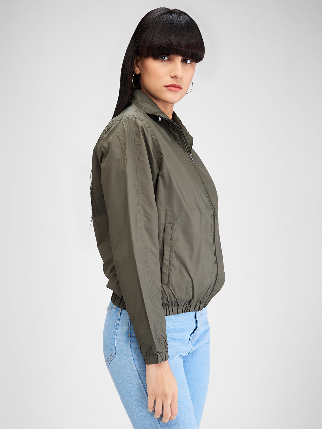 Spykar Green Full Sleeves Solid Jacket For Women