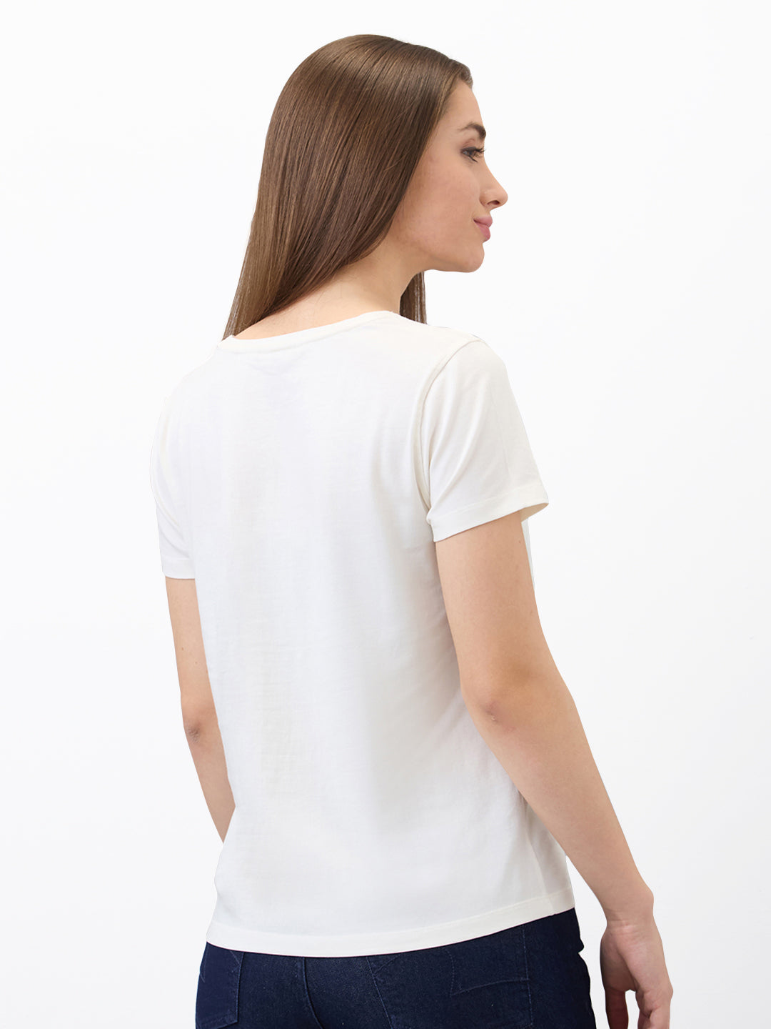 Spykar White Regular Fit Solid Half Sleeve T-Shirt For Women