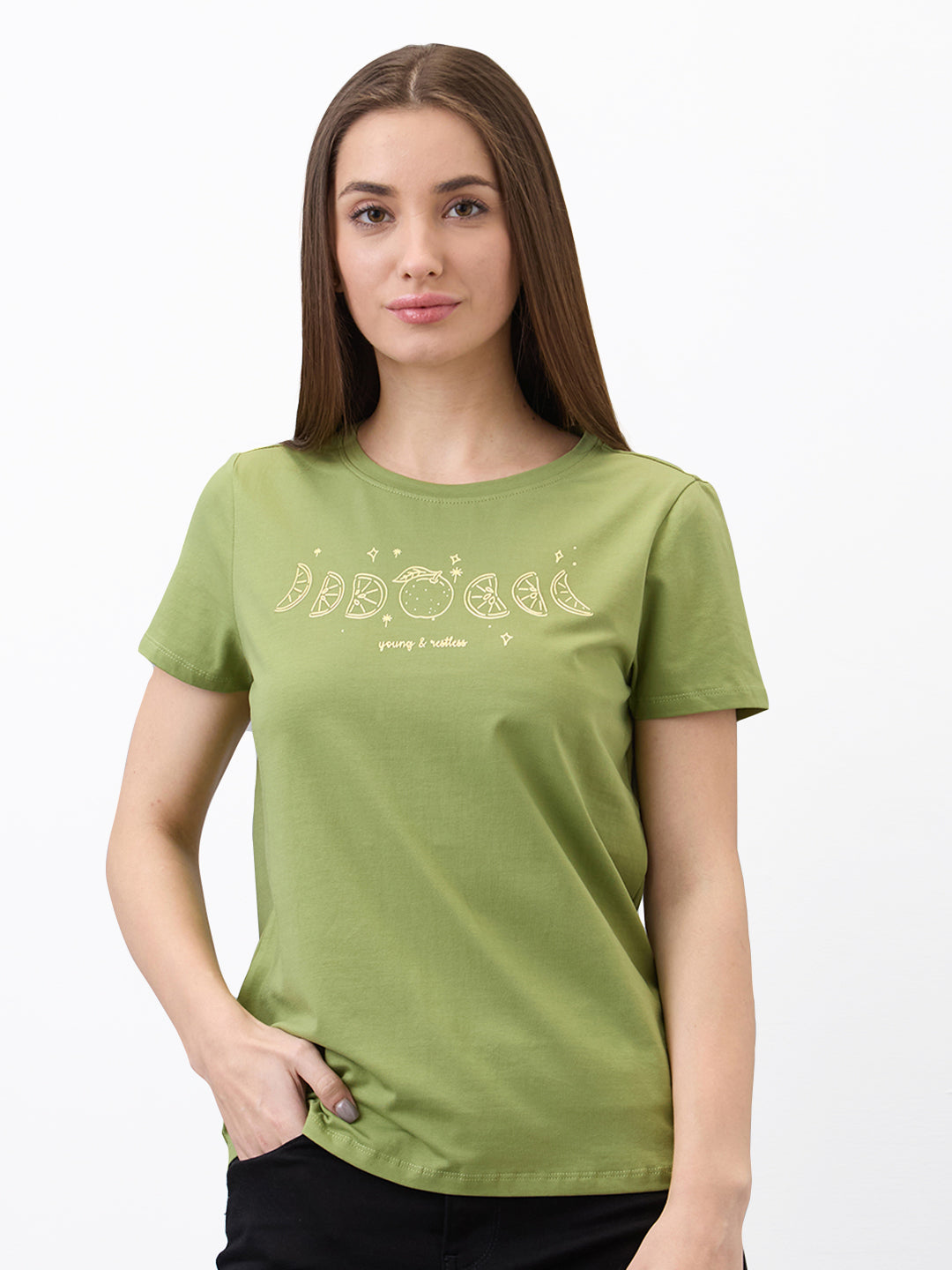 Spykar Green Regular Fit Solid Half Sleeve T-Shirt For Women