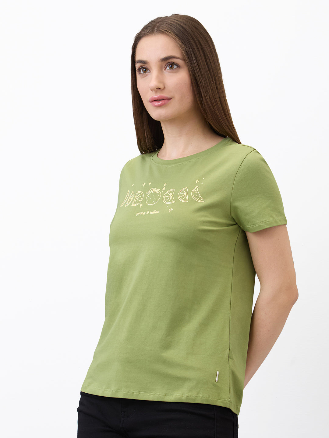 Spykar Green Regular Fit Solid Half Sleeve T-Shirt For Women