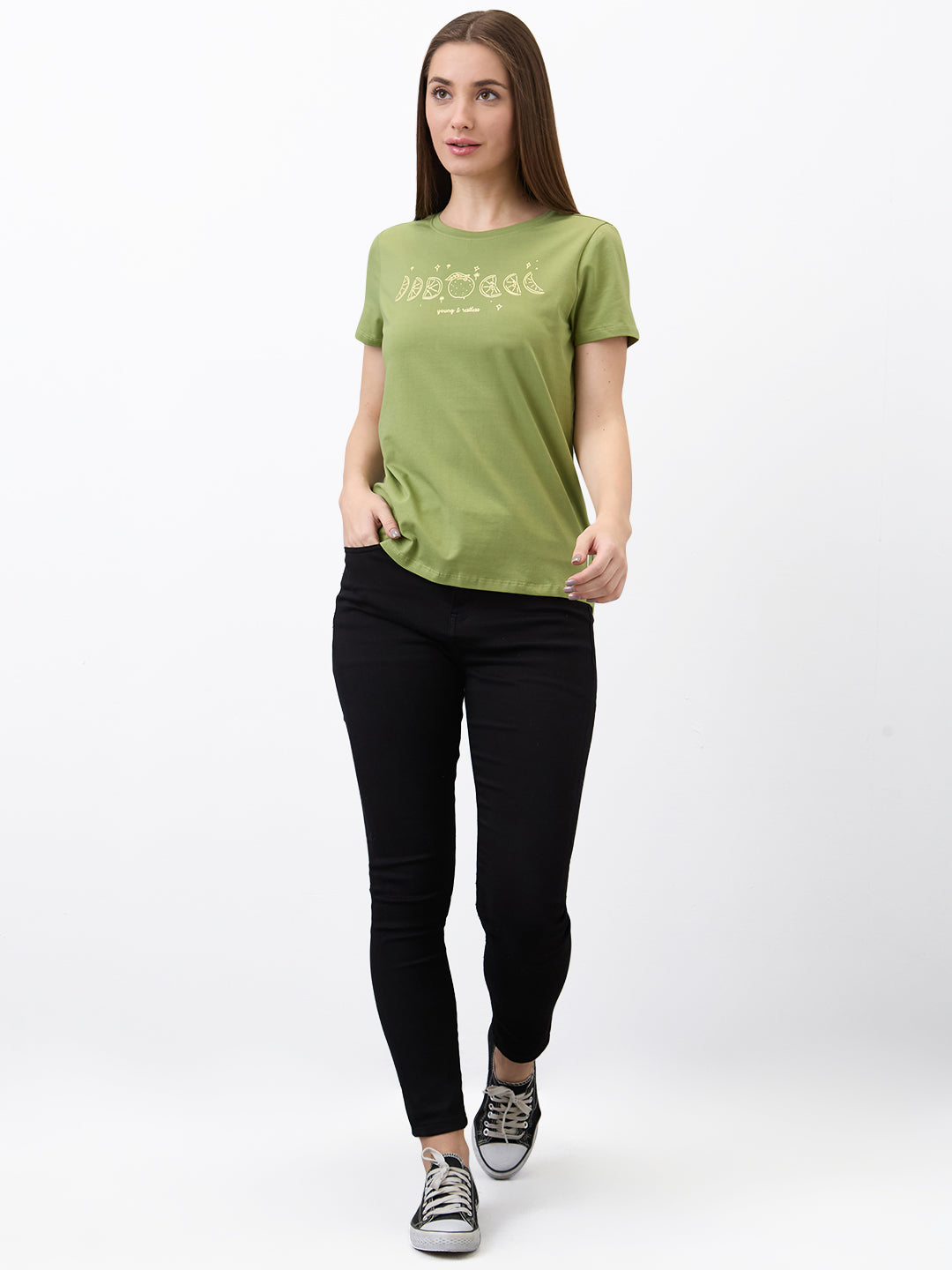 Spykar Green Regular Fit Solid Half Sleeve T-Shirt For Women