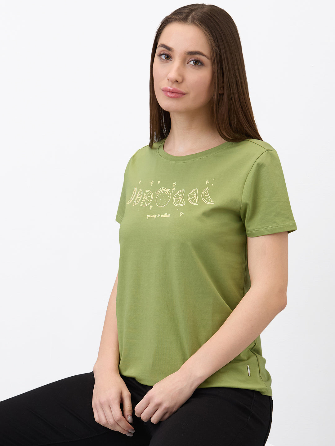 Spykar Green Regular Fit Solid Half Sleeve T-Shirt For Women