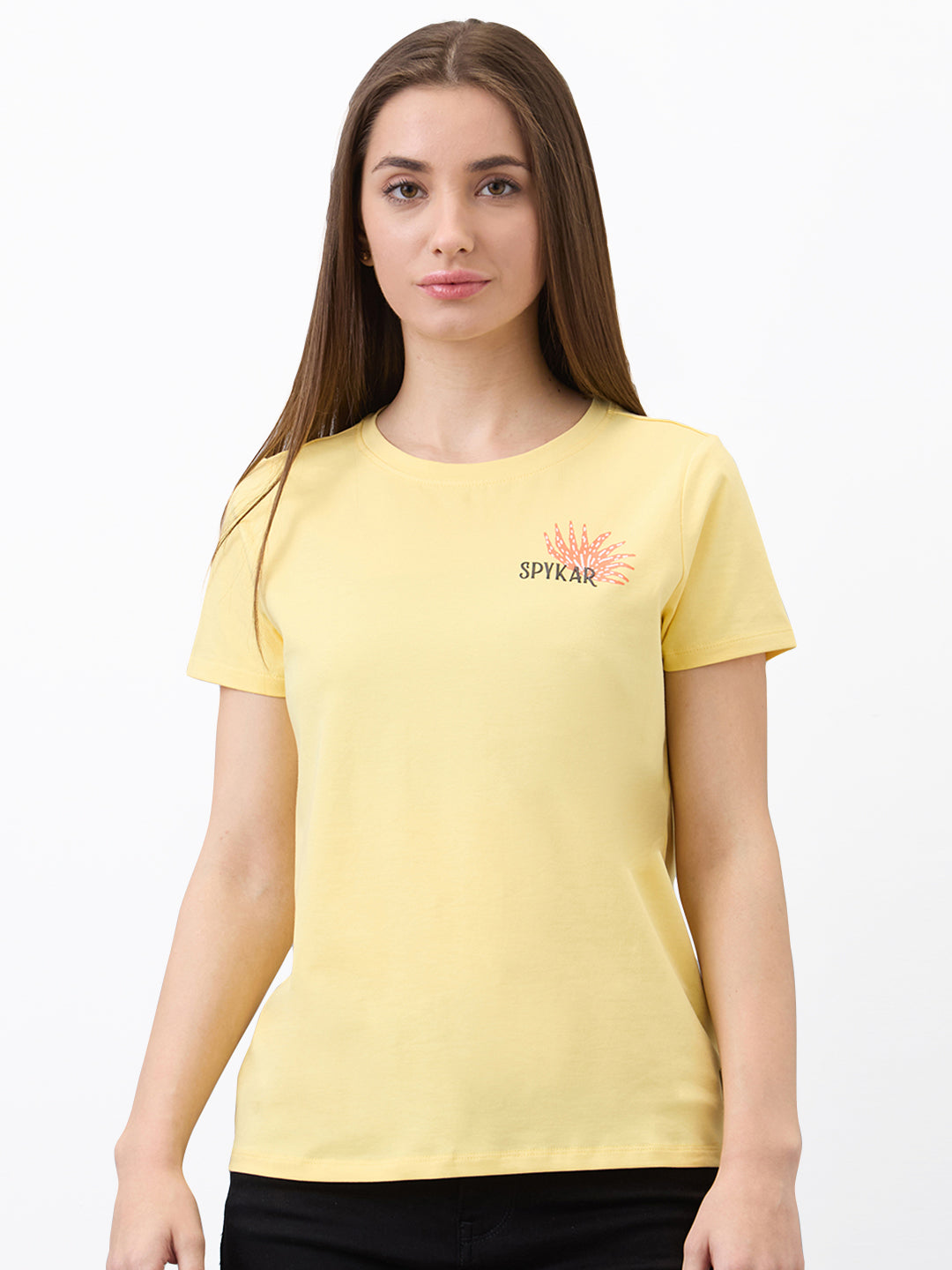 Spykar Yellow Regular Fit Solid Half Sleeve T-Shirt For Women