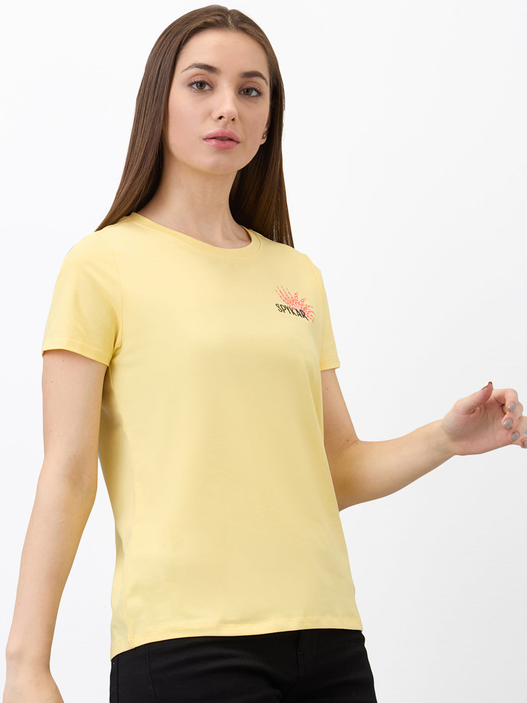 Spykar Yellow Regular Fit Solid Half Sleeve T-Shirt For Women