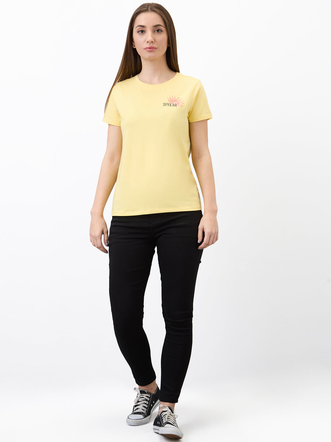 Spykar Yellow Regular Fit Solid Half Sleeve T-Shirt For Women