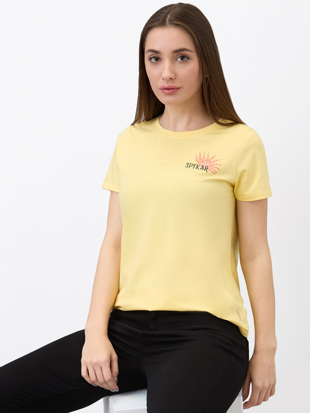 Spykar Yellow Regular Fit Solid Half Sleeve T-Shirt For Women