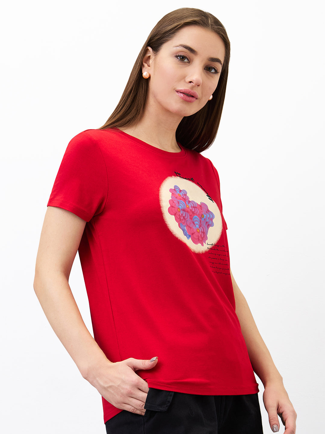 Spykar Red Regular Fit Solid Half Sleeve T-Shirt For Women