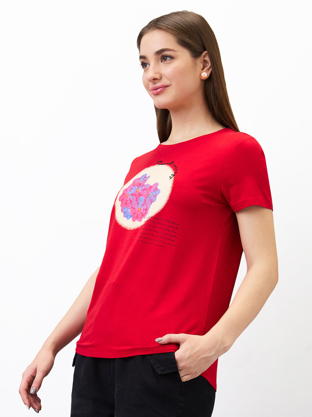 Spykar Red Regular Fit Solid Half Sleeve T-Shirt For Women