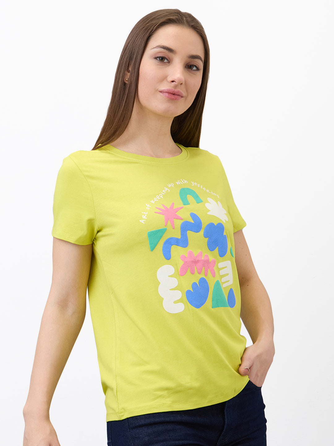 Spykar Yellow Regular Fit Solid Half Sleeve T-Shirt For Women