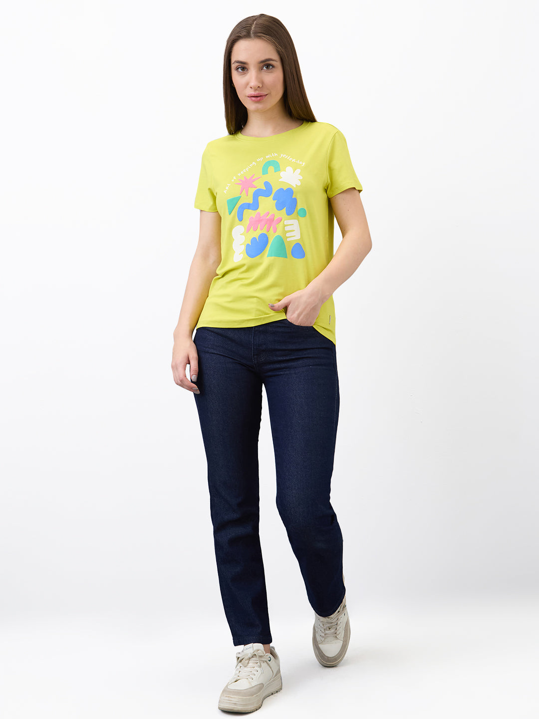 Spykar Yellow Regular Fit Solid Half Sleeve T-Shirt For Women