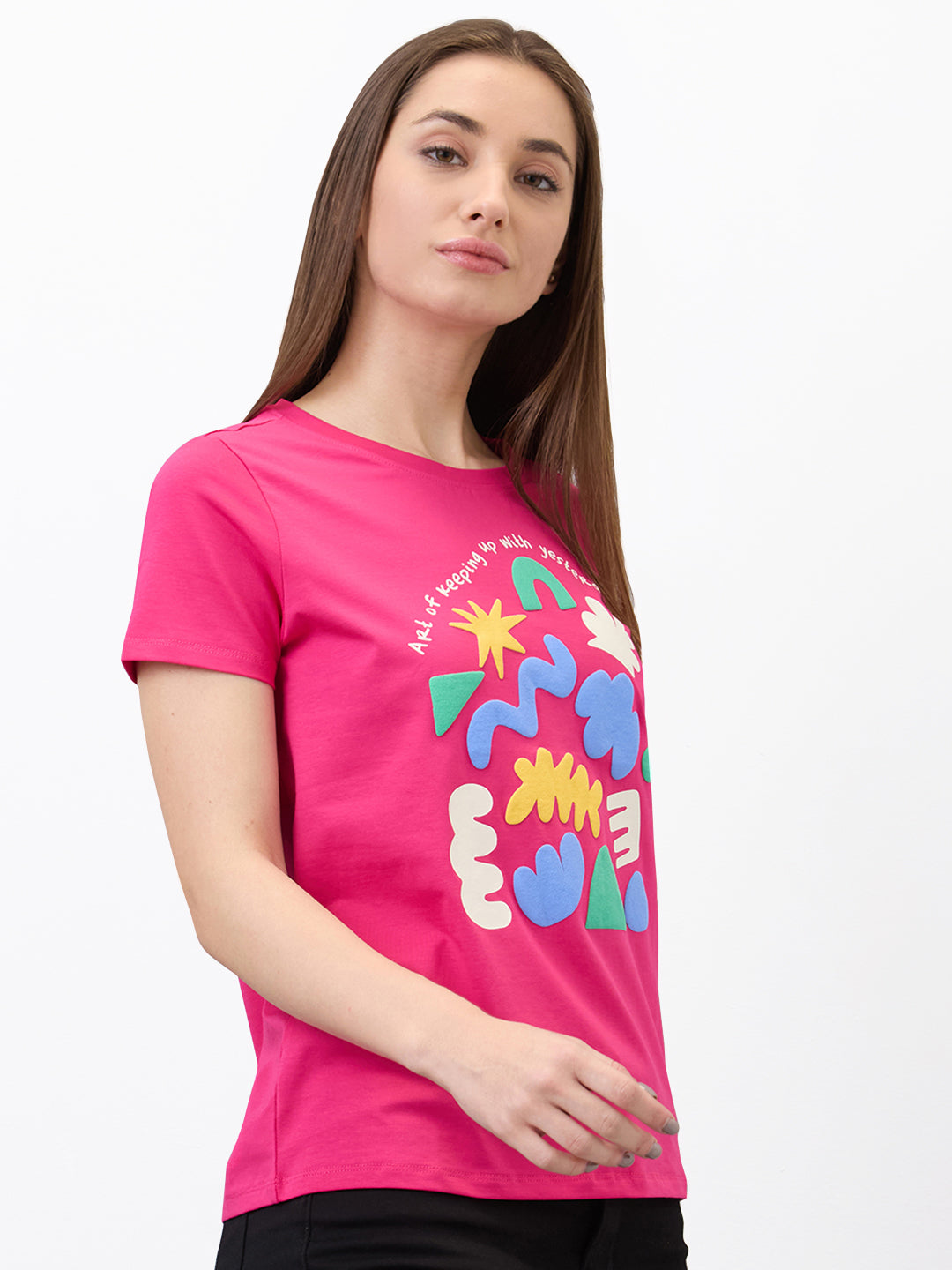 Spykar Pink Regular Fit Solid Half Sleeve T-Shirt For Women