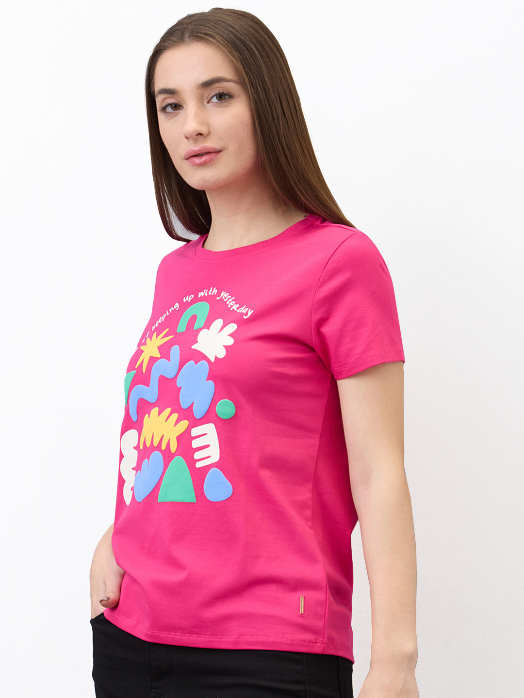 Spykar Pink Regular Fit Solid Half Sleeve T-Shirt For Women