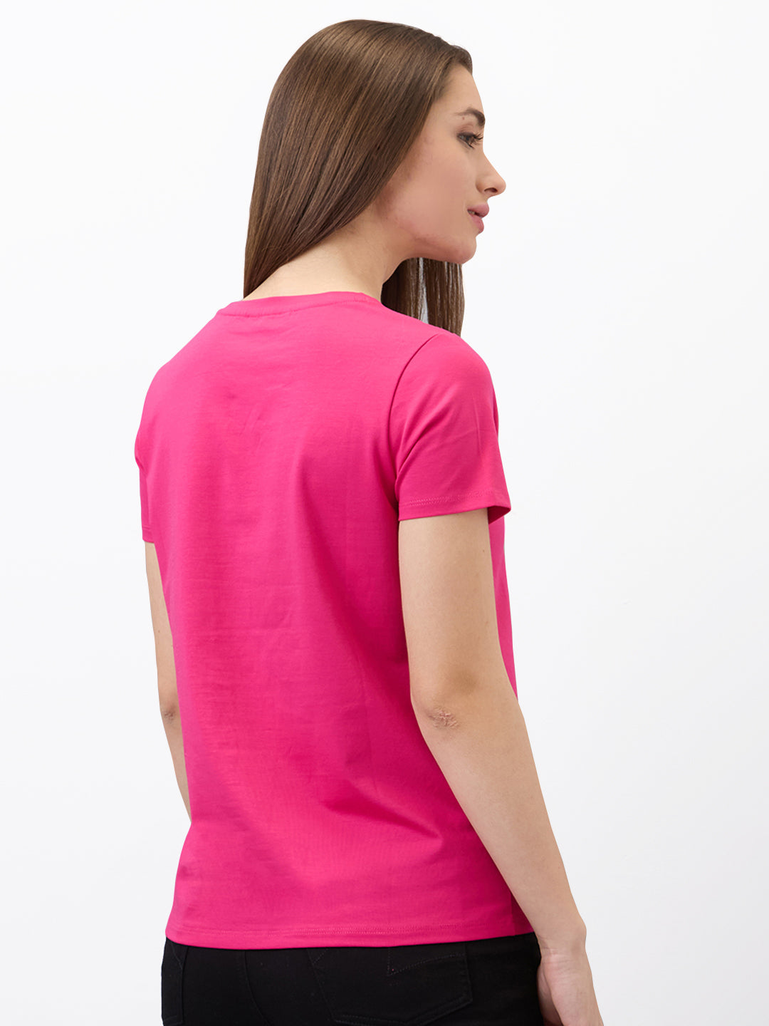 Spykar Pink Regular Fit Solid Half Sleeve T-Shirt For Women