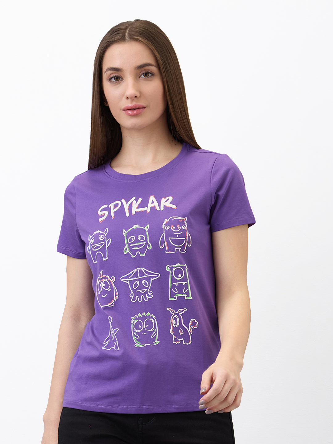 Spykar Purple Regular Fit Solid Half Sleeve T-Shirt For Women