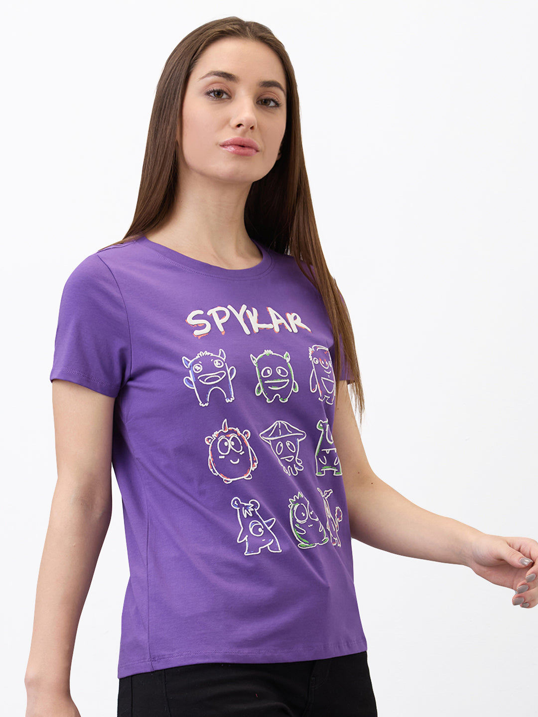 Spykar Purple Regular Fit Solid Half Sleeve T-Shirt For Women