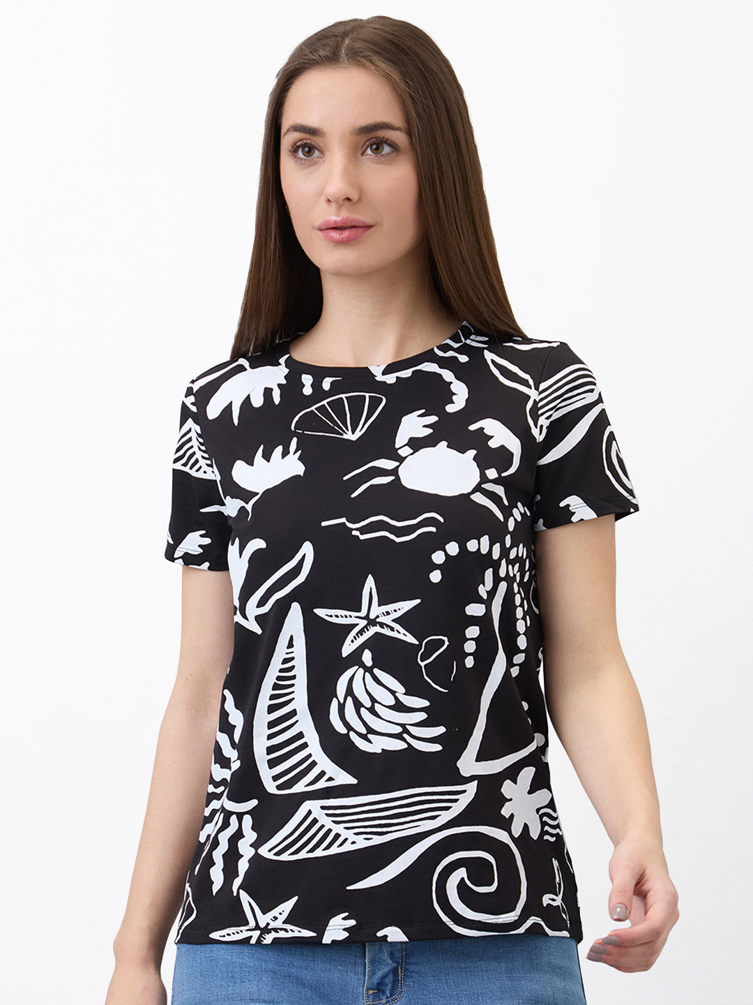 Spykar Black Regular Fit Printed Half Sleeve T-Shirt For Women