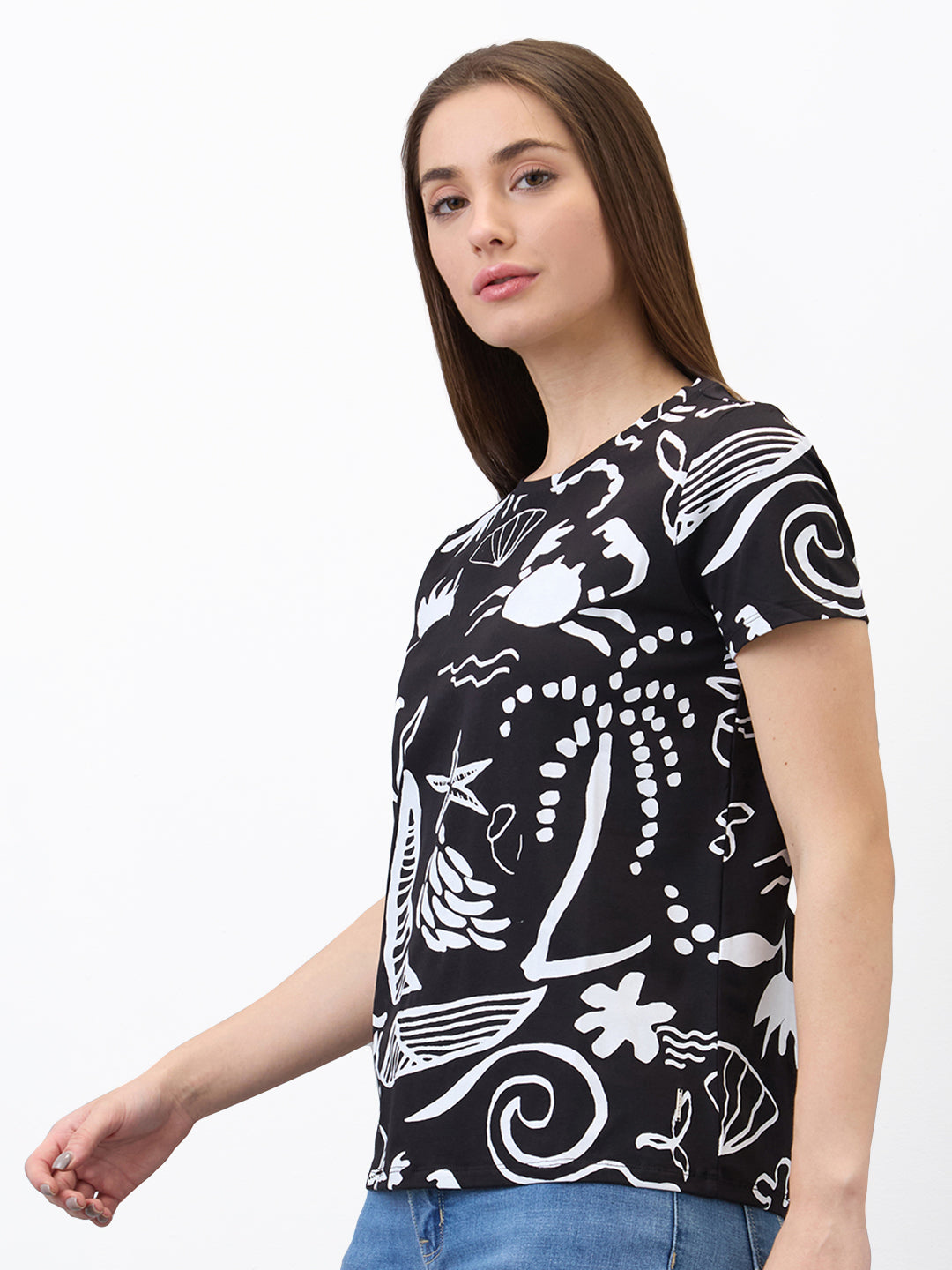 Spykar Black Regular Fit Printed Half Sleeve T-Shirt For Women