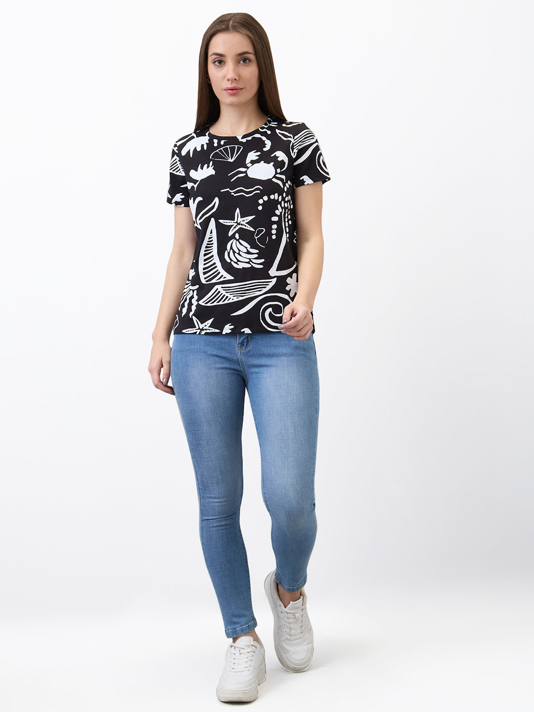 Spykar Black Regular Fit Printed Half Sleeve T-Shirt For Women