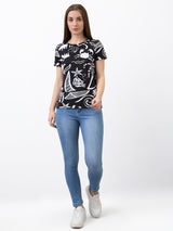 Women T-Shirt Print Black Regular Fit