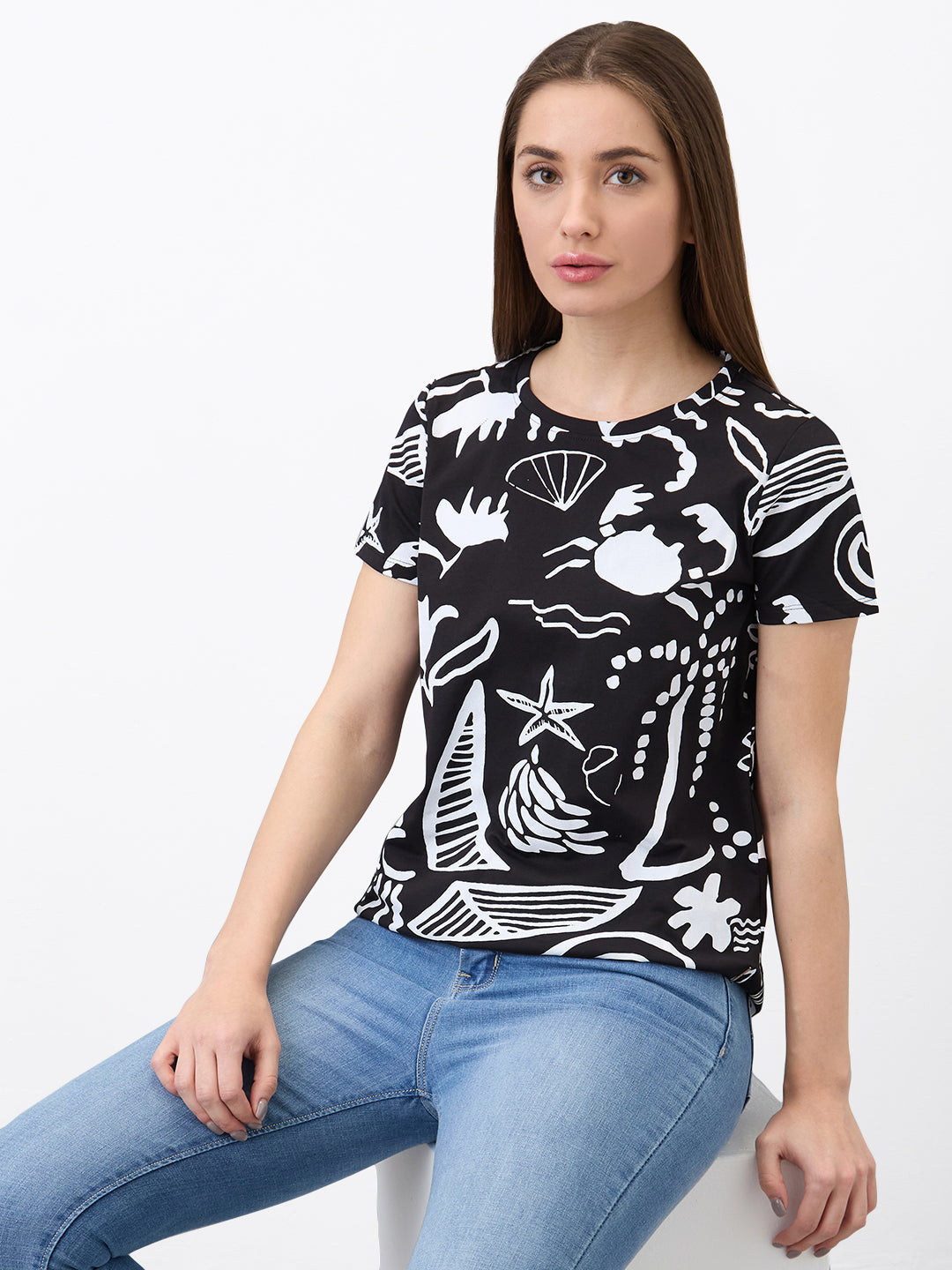 Spykar Black Regular Fit Printed Half Sleeve T-Shirt For Women