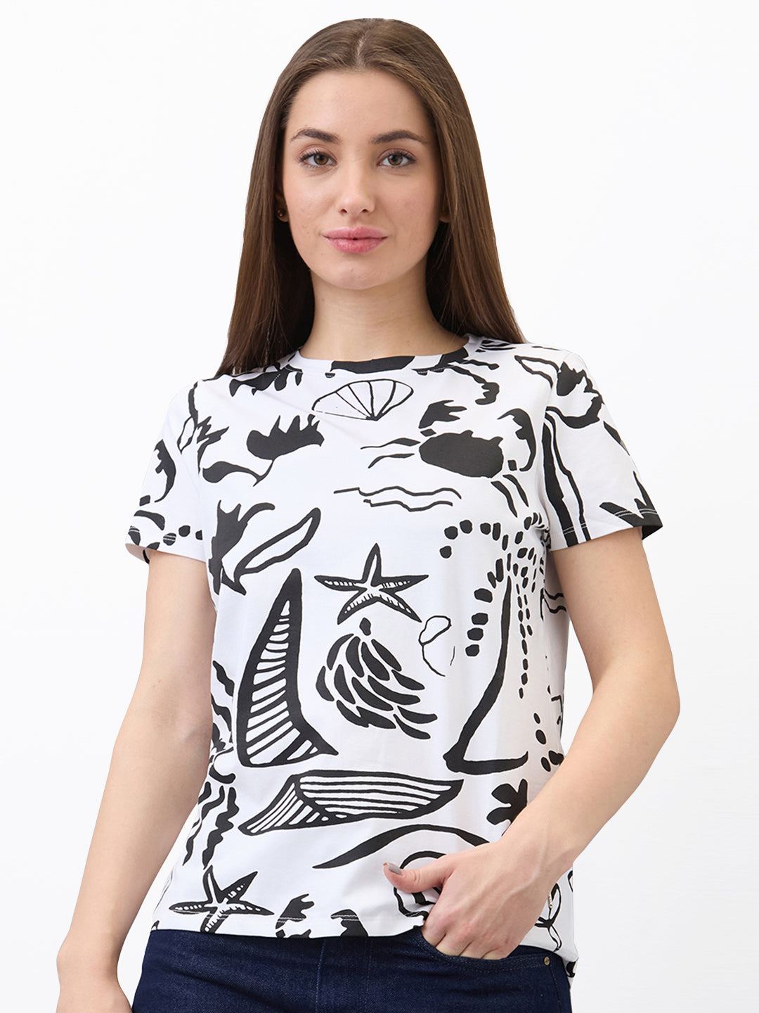 Spykar White Regular Fit Printed Half Sleeve T-Shirt For Women