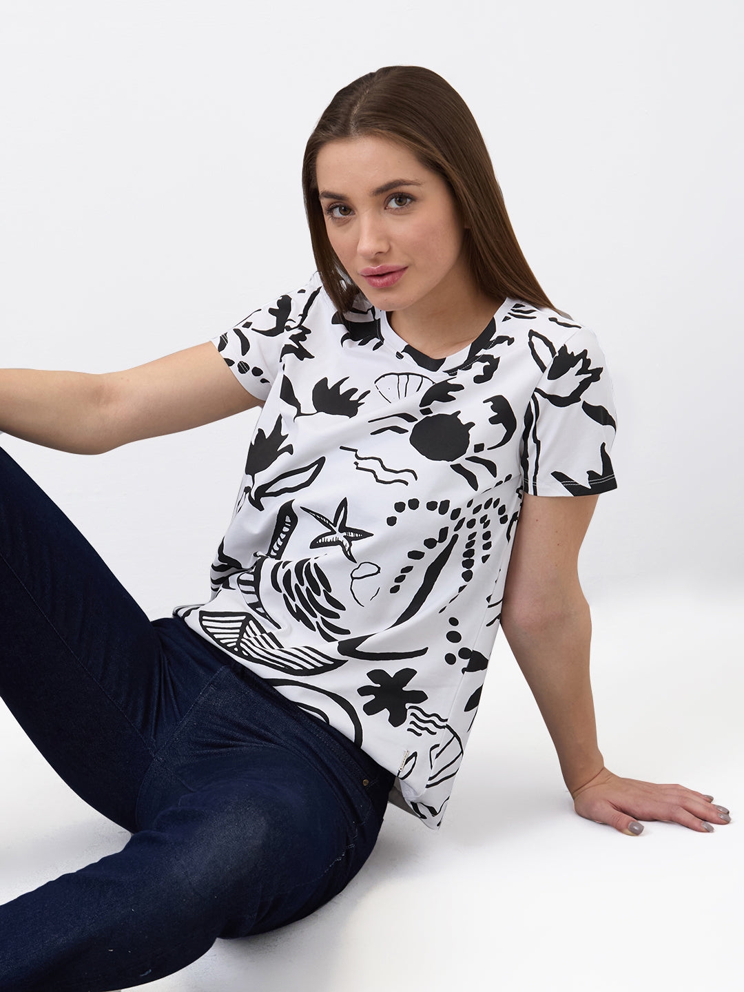 Spykar White Regular Fit Printed Half Sleeve T-Shirt For Women