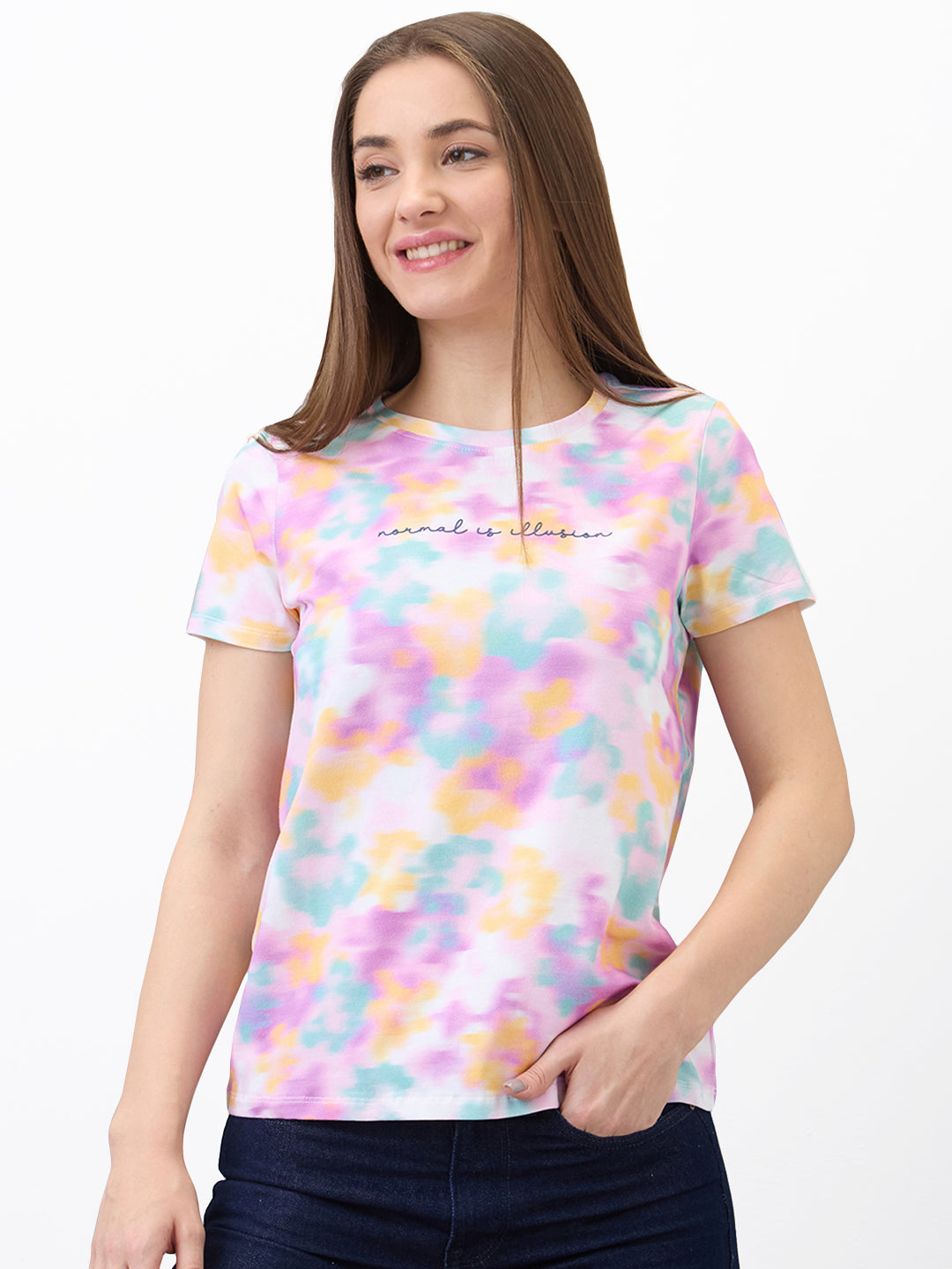 Spykar Pink Regular Fit Printed Half Sleeve T-Shirt For Women