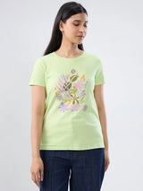 Women T-Shirt Graphic Green Regular Fit