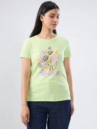 Women T-Shirt Graphic Green Regular Fit