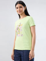 Women T-Shirt Graphic Green Regular Fit