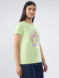 Women T-Shirt Graphic Green Regular Fit