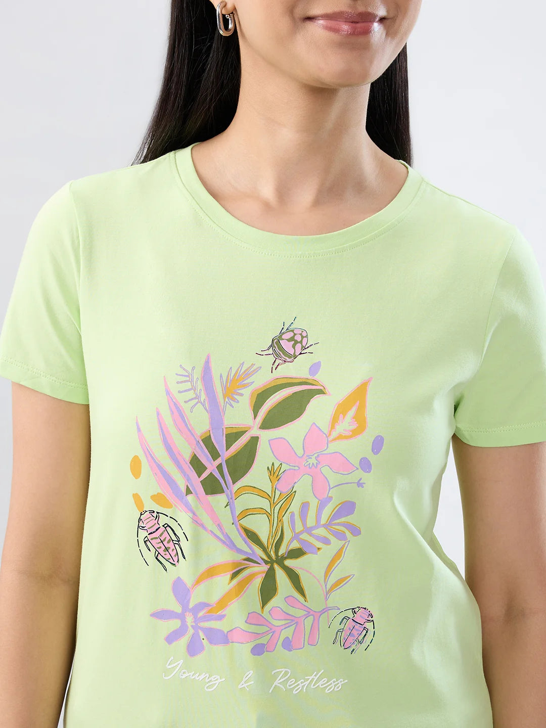 Women T-Shirt Graphic Green Regular Fit