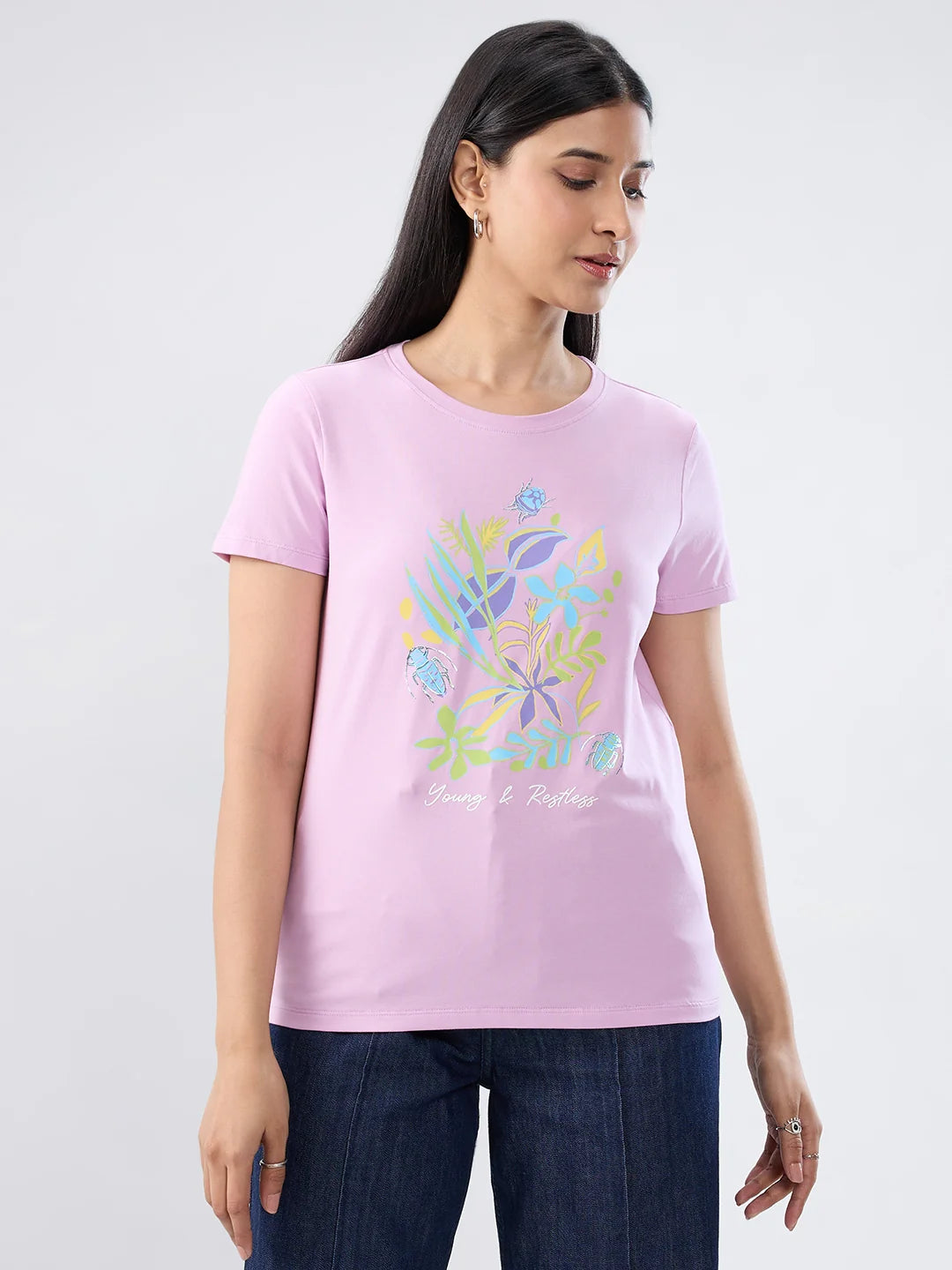 Women T-Shirt Graphic Purple Regular Fit
