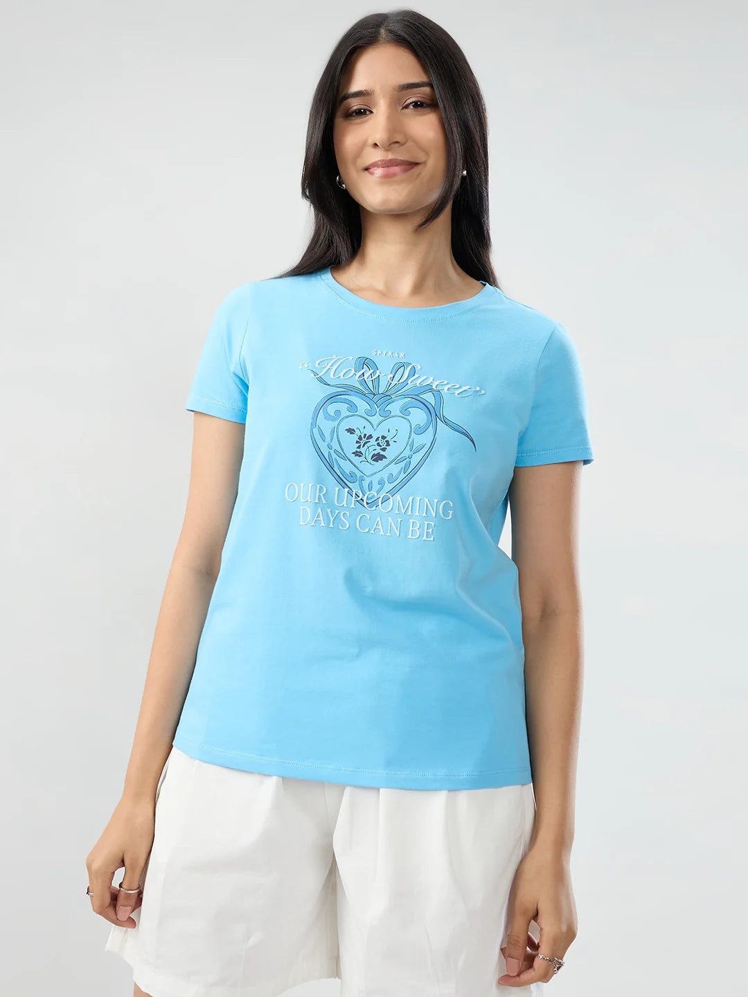 Women T-Shirt Graphic Blue Regular Fit
