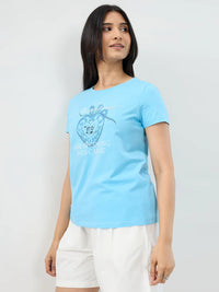 Women T-Shirt Graphic Blue Regular Fit