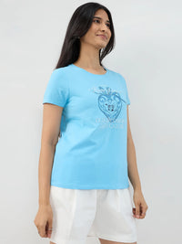Women T-Shirt Graphic Blue Regular Fit