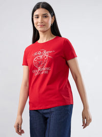 Women T-Shirt Graphic Red Regular Fit