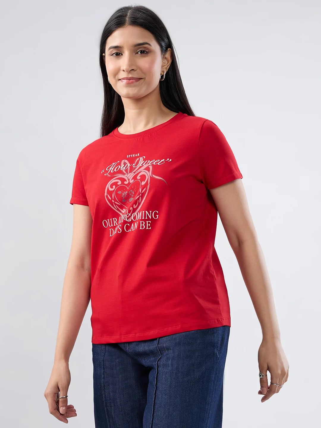 Women T-Shirt Graphic Red Regular Fit