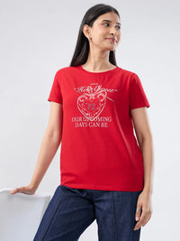 Women T-Shirt Graphic Red Regular Fit