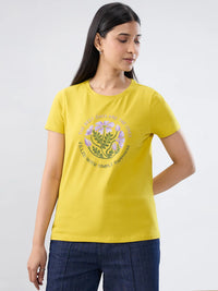 Women T-Shirt Graphic Yellow Regular Fit